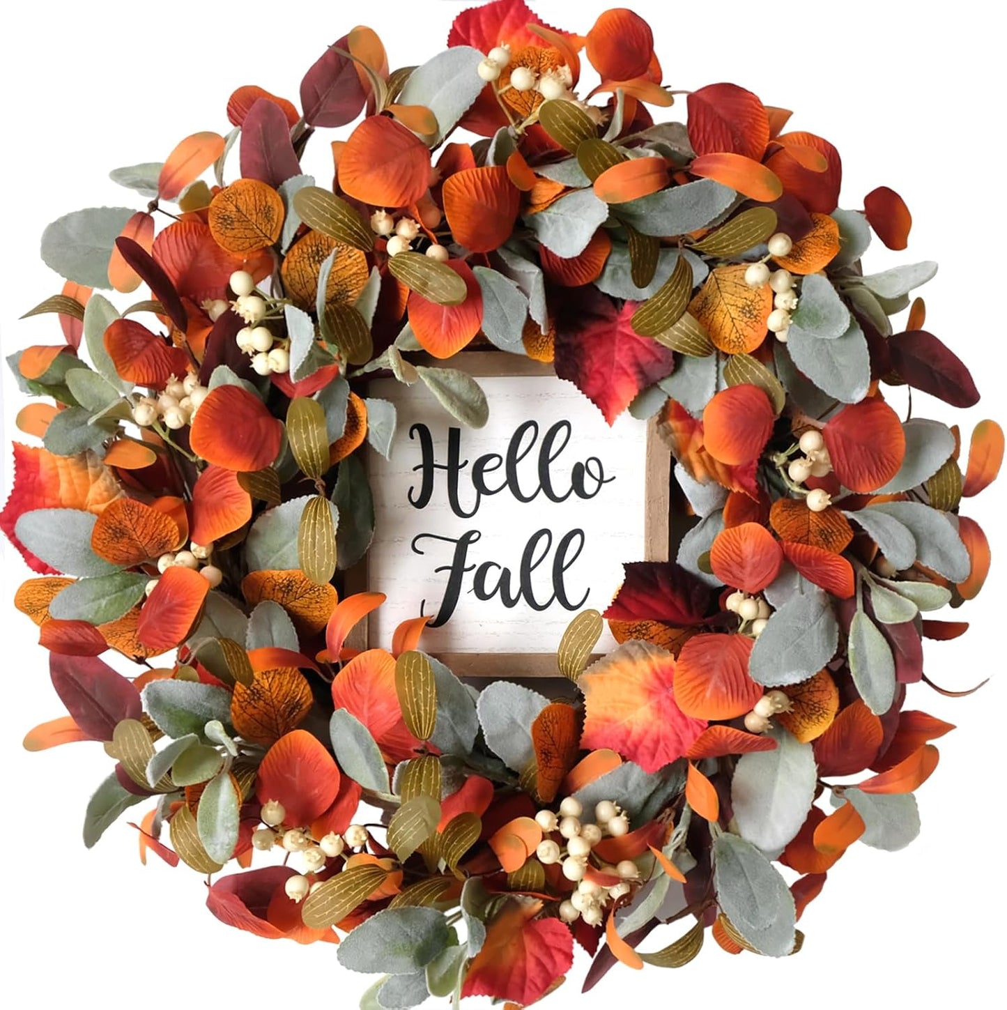 Bibelot Fall Front Door Wreath,22' Artificial Lambs Ears Leaves Wreath with Berries, Hello Fall Sign Autumn Orange Wreath for Front Door Wall Window and Thanksgiving Decor