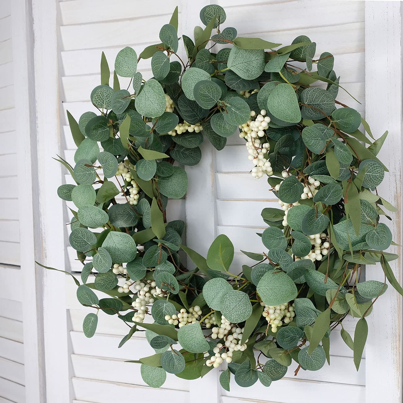 Bibelot Artificial Green Leaf Eucalyptus Wreath,Berry Wreath for Spring,Summer, Front Door Window Hanging Wall Party Decorations (20Inch)