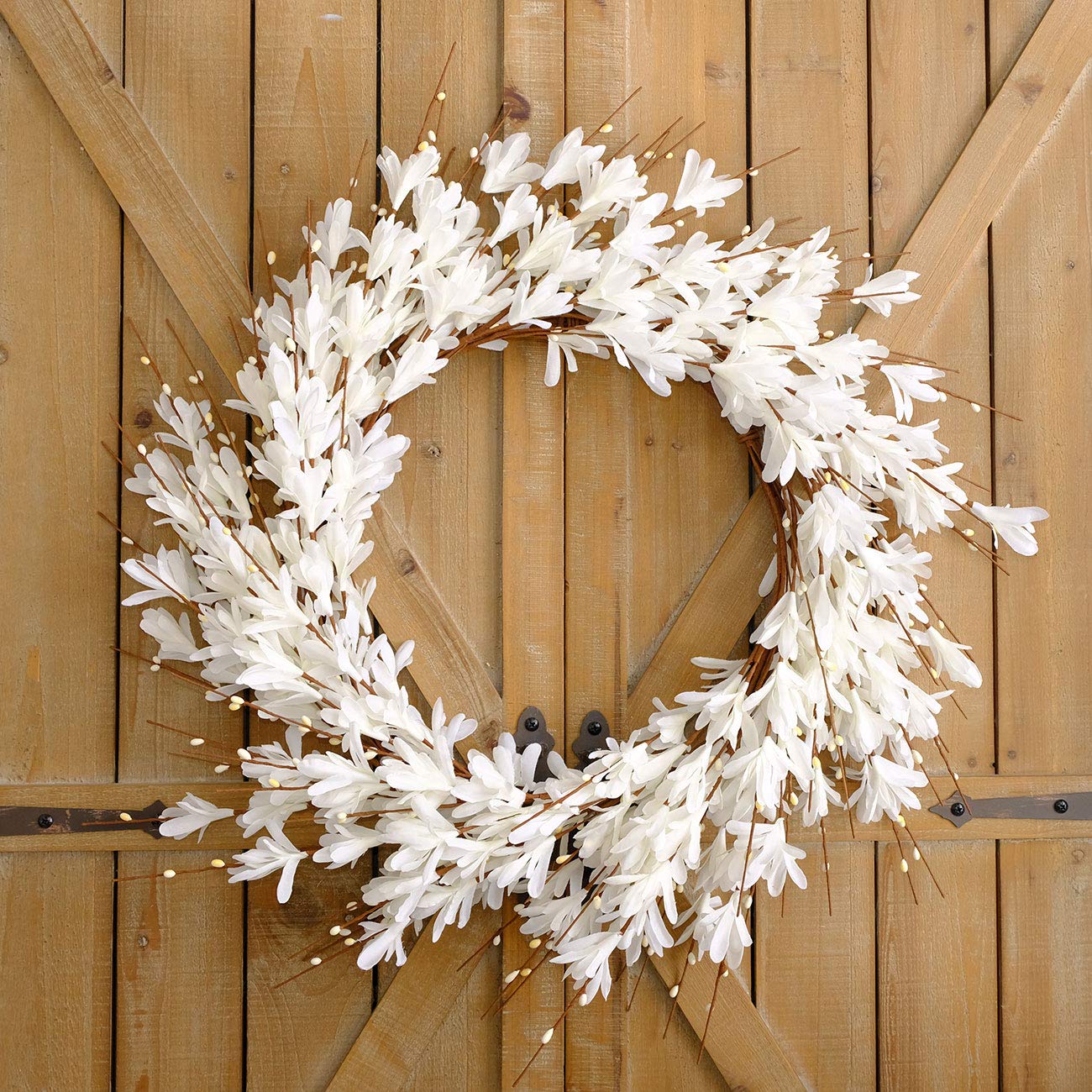 Bibelot 20inch Artificial Forsythia Flower Wreath Spring Summer Fall Wreath Silk Leaves Wreath for Front Door Wreath Porch Farmhouse Patio Garden Home Decor (White)