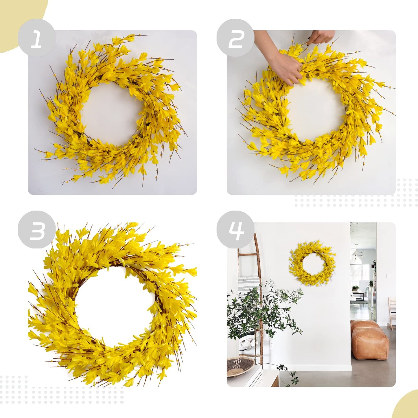 Bibelot 20inch Artificial Forsythia Flower Wreath Spring Summer Fall Wreath Silk Leaves Wreath for Front Door Wreath Porch Farmhouse Patio Garden Home Decor (White)