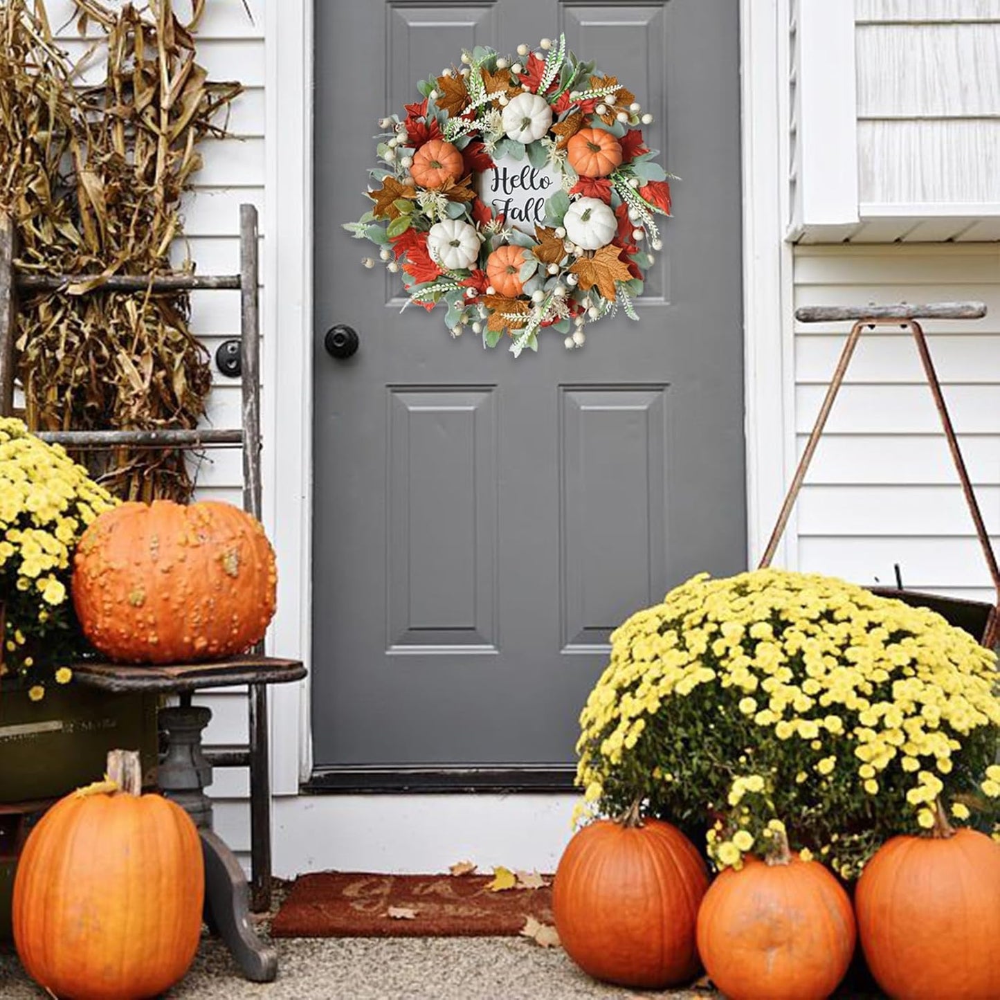 Bibelot Fall Wreaths for Front Door, 22 Inch Autumn Maples Leaf Pumpkin Berry Wreath with Hello Fall sign, Fall Decorations for Thanksgiving Halloween Farmhouse Harvest Home Outdoor Indoor Window Wall