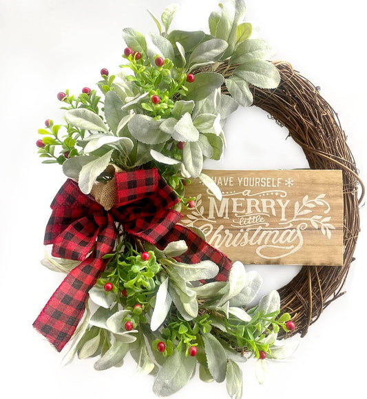 Bibelot Christmas Grapevine Wood Sign Wreath Flocked Ear Leaves and Holly, Rustic Christmas Wreath Farmhouse Front Door Wreath, Winter Front Door Christmas Sign Wreath with Leaves and Berry Wreath