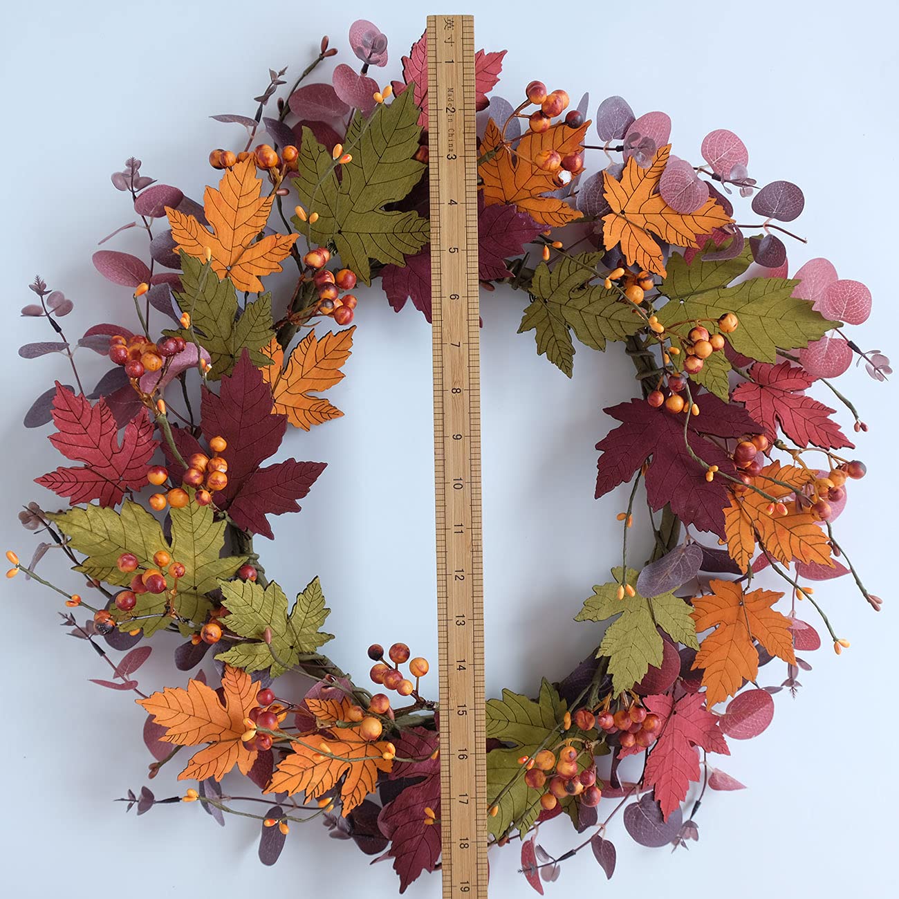 Bibelot Artificial Fall Wreath 18 inch Fake Wood Maple Leaves Red Eucalputs for Front Door Hanging Wall Decor Fall Harvest Thanksgiving Home Decor (Maple Leaves Wreath)