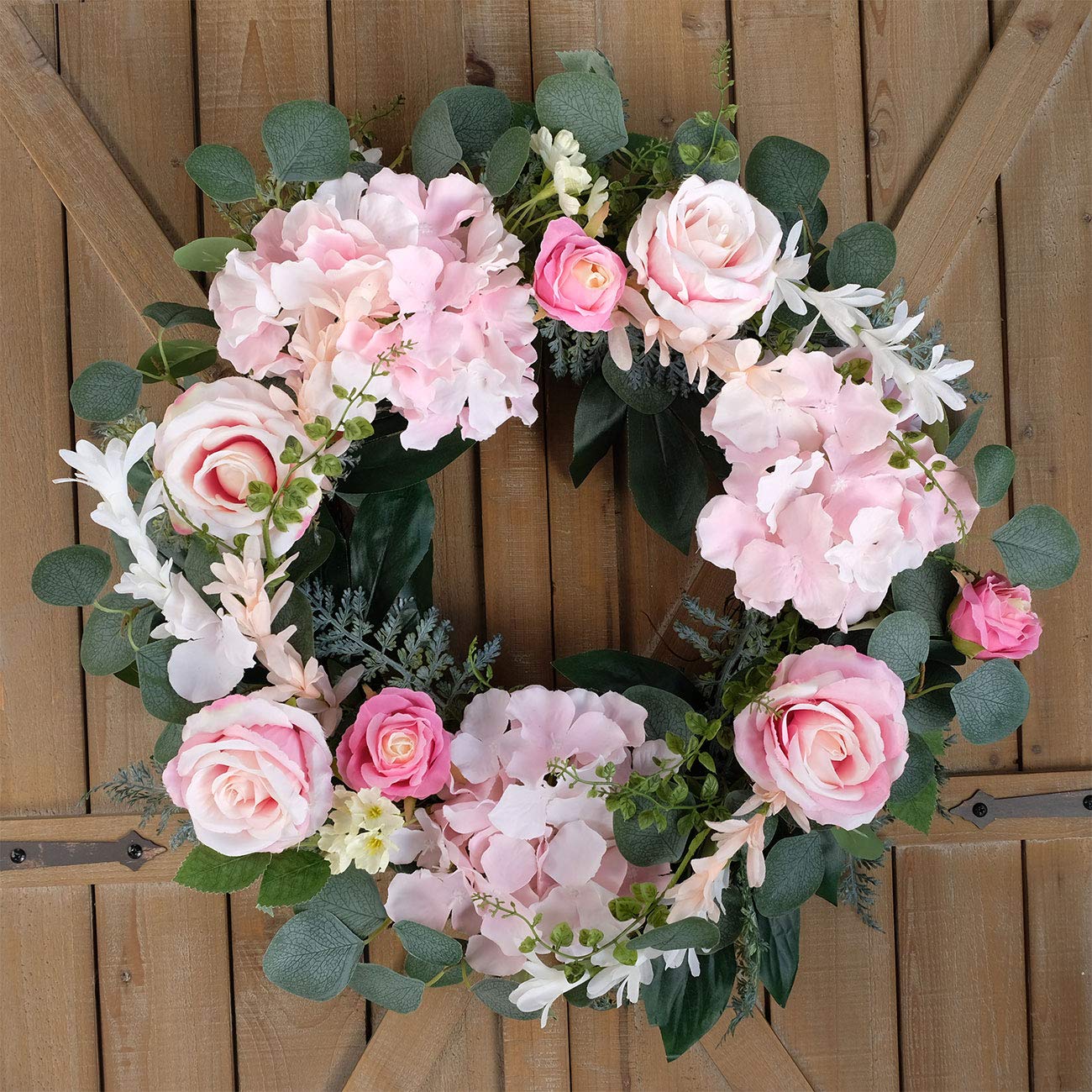 Bibelot Artificial Pink Rose Wreath 20 inches Front Door Wreath with Hydrangea Green Leaves Wreath Artificial Spring Wreath Valentines Mother's Day Wreath for Wall Wedding Party Home Decor (Pink)