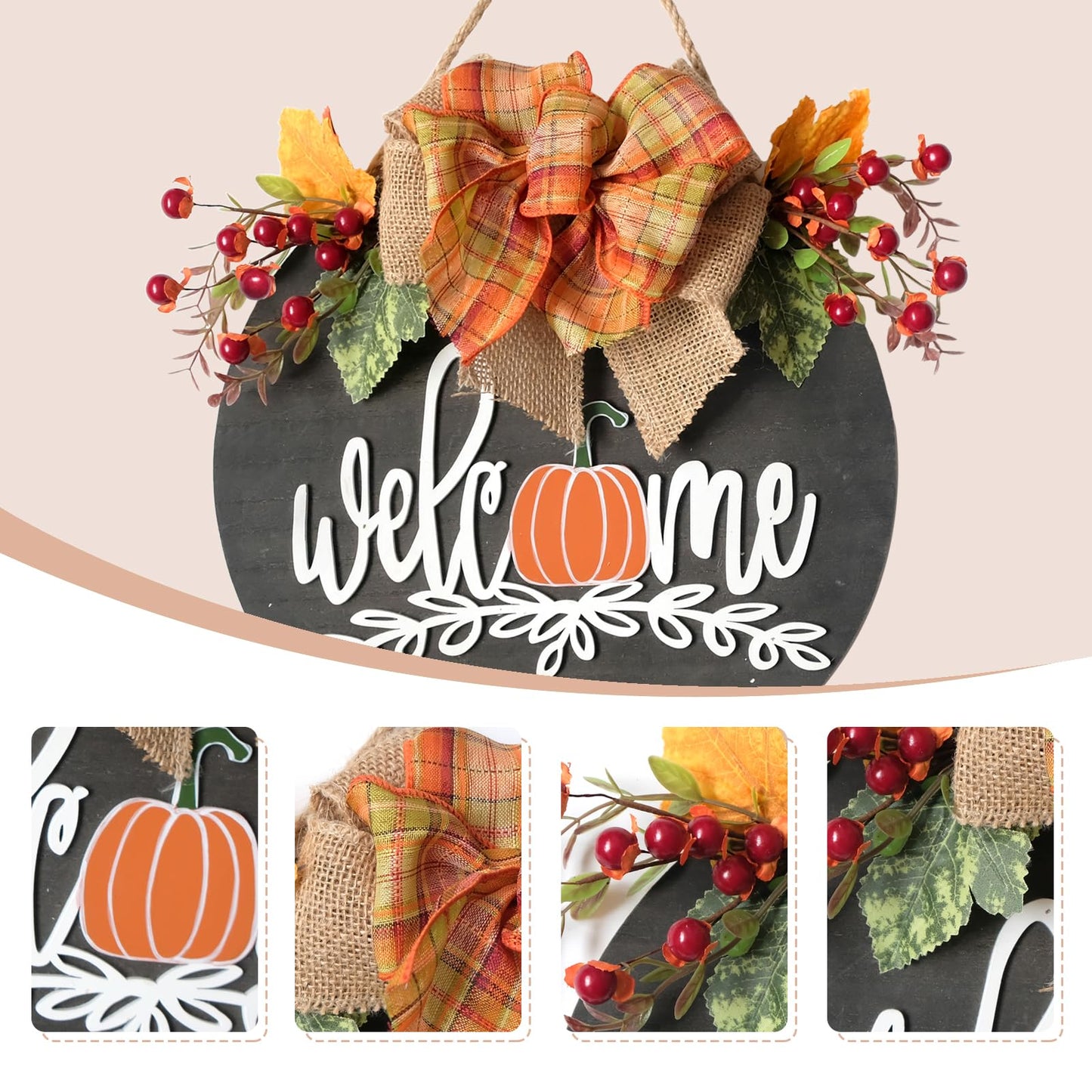 idyllic Autumn Harvest Welcome Wreath, 14 Inch Hello Fall Front Door Sign with Burlap Bow, Mixed Grain, and Leaves, Rustic Wood Farmhouse Porch Decor for Home Front Door Decor 12 inches