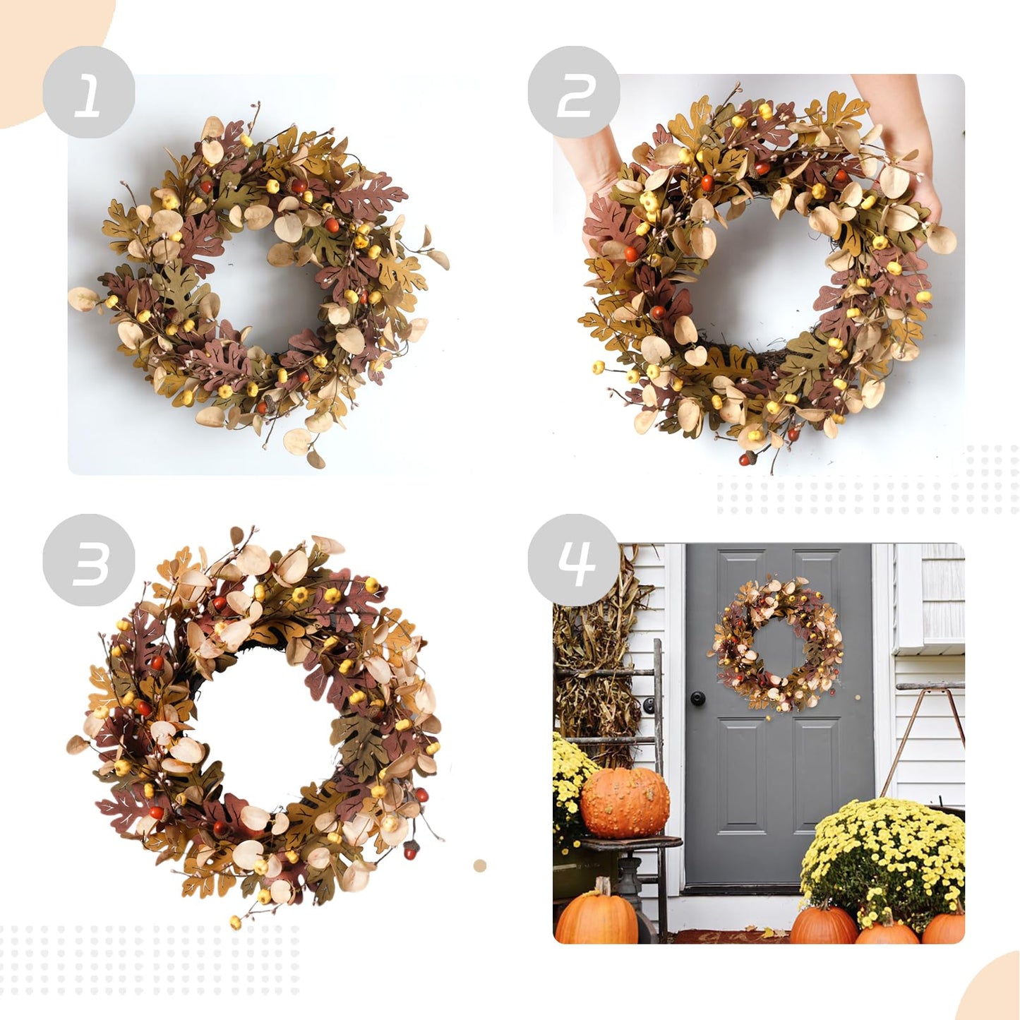 Bibelot Artificial Fall Wreath 18 inch Fake Wood Maple Leaves Red Eucalputs for Front Door Hanging Wall Decor Fall Harvest Thanksgiving Home Decor (Maple Leaves Wreath)