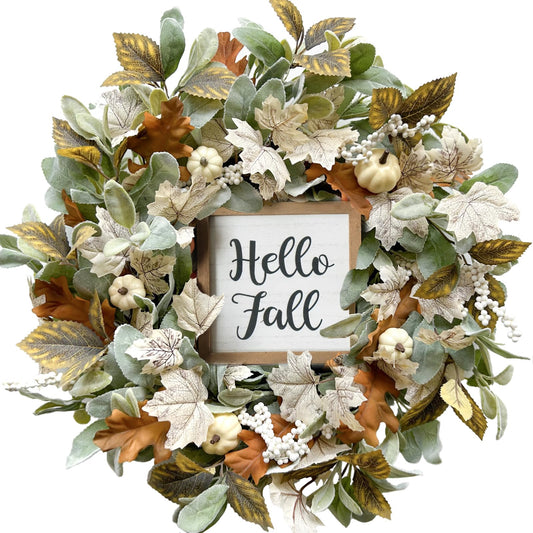 Bibelot Fall Wreaths for Front Door, 22'' Pumpkin Wreath with Maple, Hello Fall Sign Wreaths for Front Door Front Porch Farmhouse Halloween Thanksgiving Decor