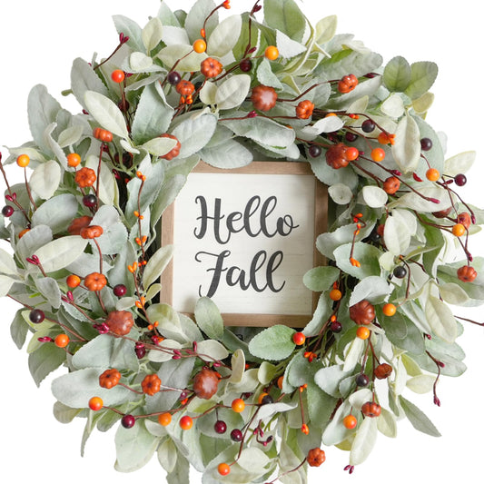 Bibelot Fall Decor Wreaths for Front Door, 20'' Artificial Lamb’s Leaves Wreath with Mini Pumpkin and Berries, Green Autumn Wreaths for Inside Outside Wall Farmhouse Home Thanksgiving Festival Decor