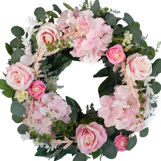 Bibelot Artificial Pink Rose Wreath 20 inches Front Door Wreath with Hydrangea Green Leaves Wreath Artificial Spring Wreath Valentines Mother's Day Wreath for Wall Wedding Party Home Decor (Pink)