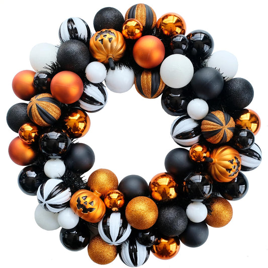 Bibelot Happy Halloween Wreath for Front Door, 18” Artificial Ball Wreaths Door Decor for Home Halloween Party Decorations