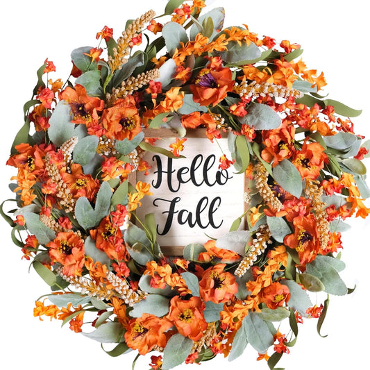 Bibelot Fall Wreaths for Front Door, 22'' Lambs Ears Leaves, Yellow Flowers Wreath, Hello Fall Sign Wreaths for Front Door Front Porch Farmhouse Decor