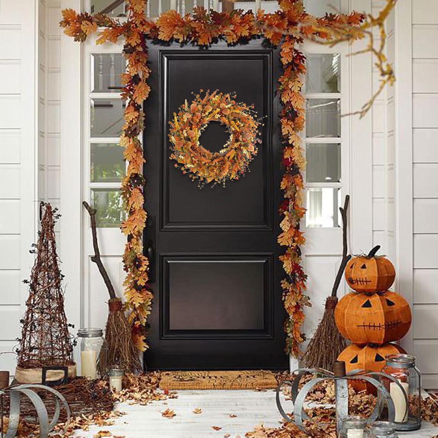 Bibelot 24 Inch Fall Wreath Front Door Wreath with Flowers,Grain,Eucalyptus Leaves Autumn Wreath for Front Door Wall Home Harvest Thanksgiving Decor