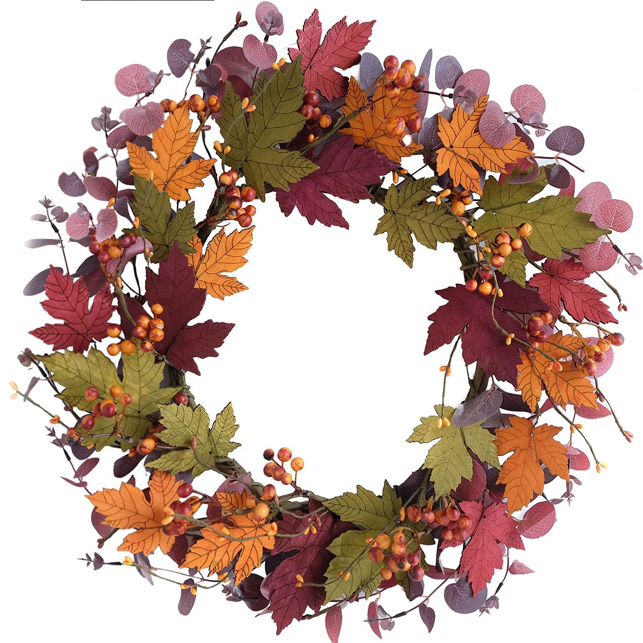 Bibelot Artificial Fall Wreath 18 inch Fake Wood Maple Leaves Red Eucalputs for Front Door Hanging Wall Decor Fall Harvest Thanksgiving Home Decor (Maple Leaves Wreath)