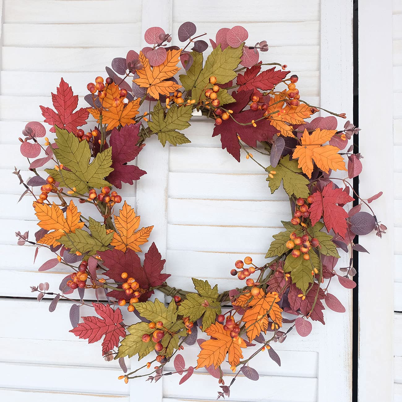 Bibelot Artificial Fall Wreath 18 inch Fake Wood Maple Leaves Red Eucalputs for Front Door Hanging Wall Decor Fall Harvest Thanksgiving Home Decor (Maple Leaves Wreath)