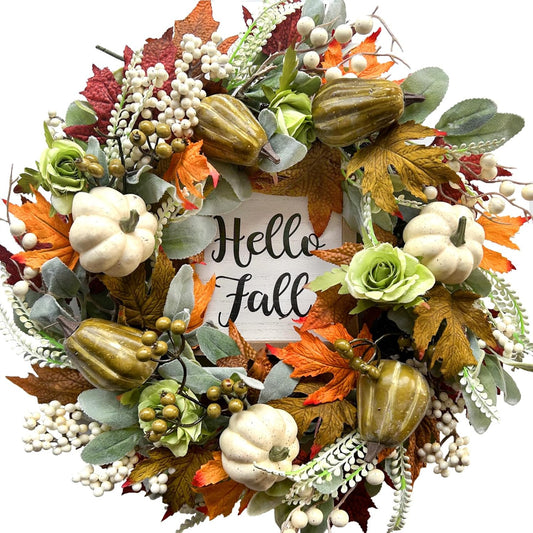 Bibelot Hello Fall Wreath 22’’ Autumn Front Door Wreath, Harvest Wreath with Various Pumpkin Cluster of Berries Maple Leaves Pine Cones for Outside Indoor Wall Thanksgiving Fall Autumn Decor