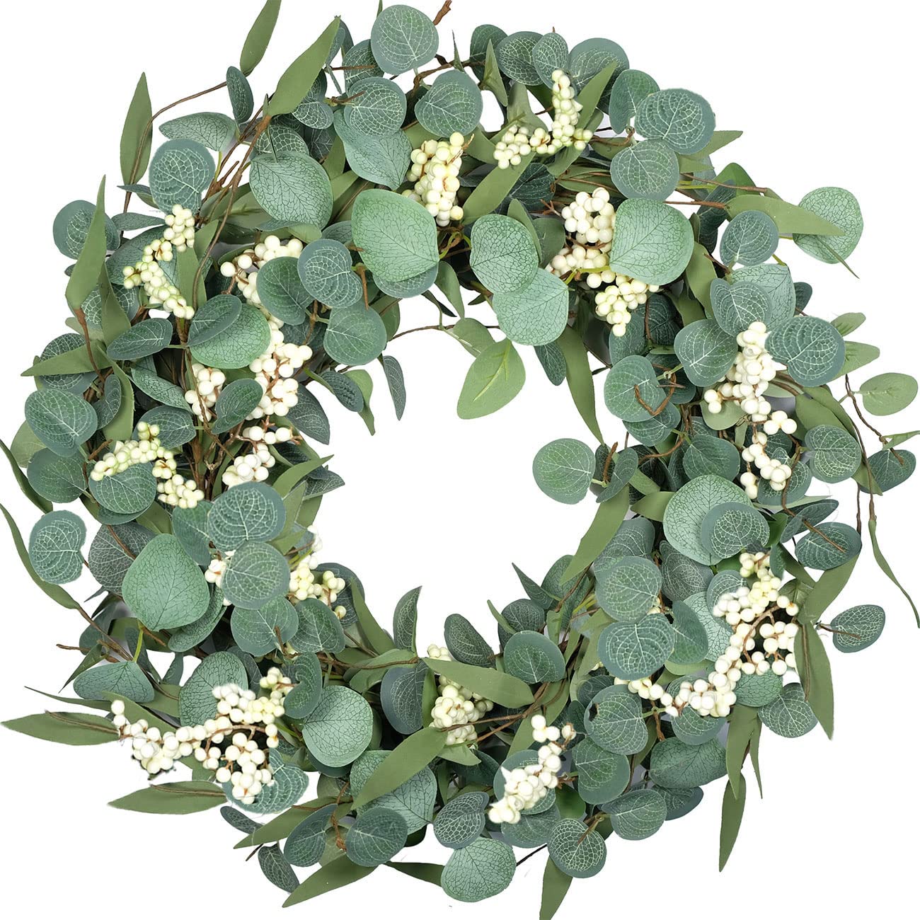 Bibelot Artificial Green Leaf Eucalyptus Wreath,Berry Wreath for Spring,Summer, Front Door Window Hanging Wall Party Decorations (20Inch)