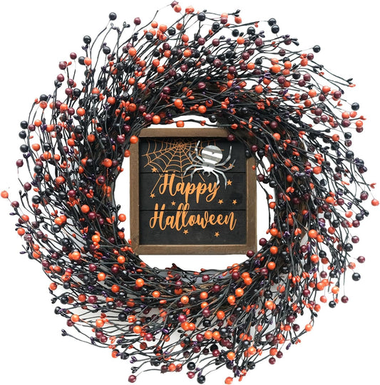 Bibelot Halloween Wreath for Front Door, 18” Artificial Fall Berries Wreaths with Happy Halloween Sign for Inside and Outside, Autumn Wreaths for Halloween and Fall Decor