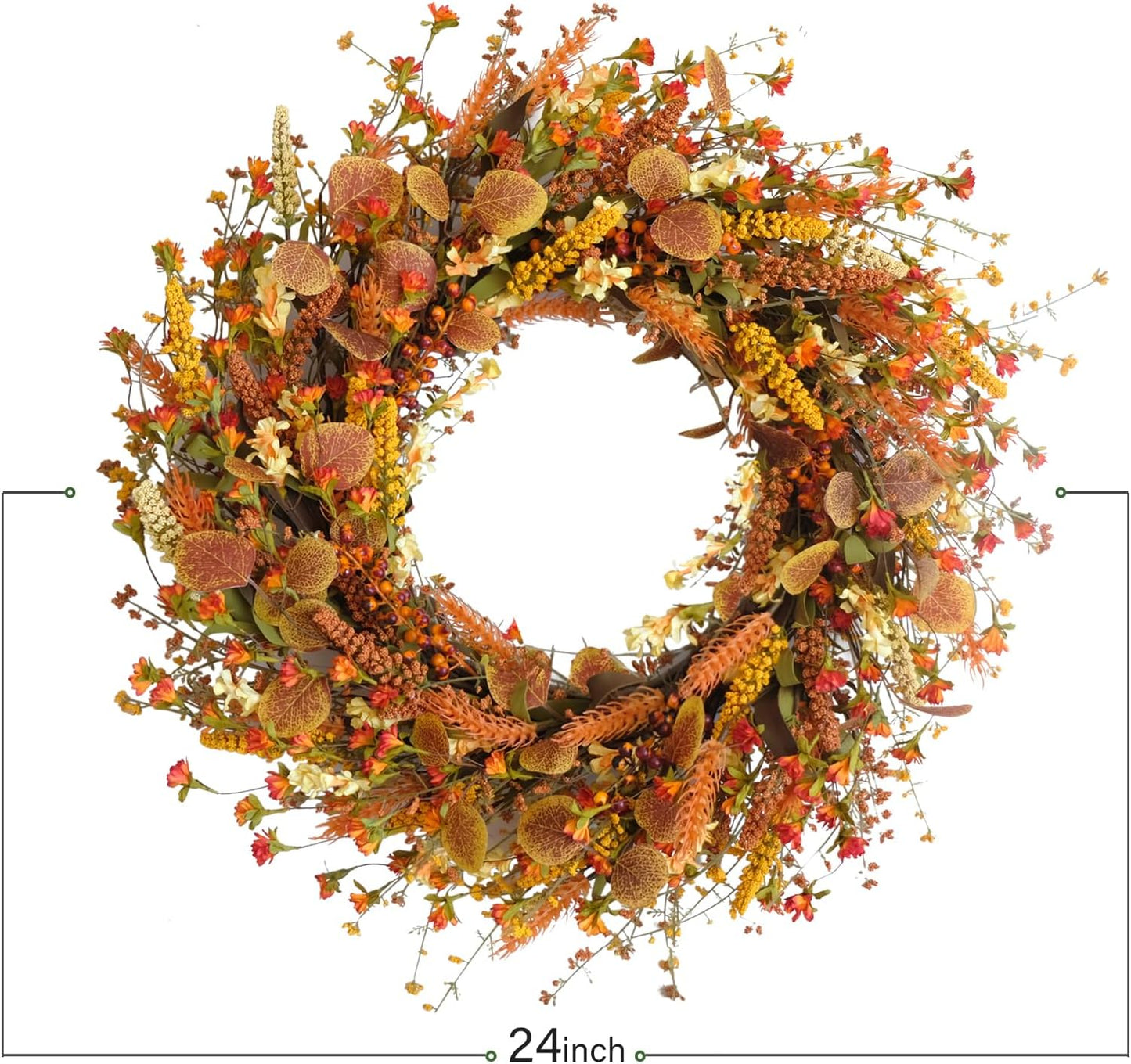 Bibelot 24 Inch Fall Wreath Front Door Wreath with Flowers,Grain,Eucalyptus Leaves Autumn Wreath for Front Door Wall Home Harvest Thanksgiving Decor