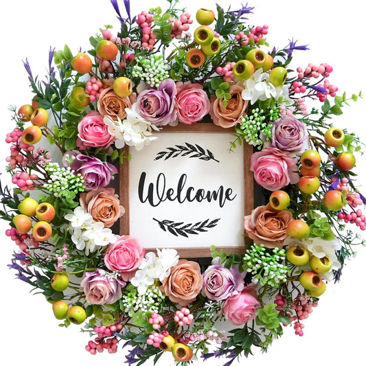 Bibelot Spring Summer Wreath for Front Door, 18 inch Artificial Berries and Colorful Flower Wreath with Welcome Sign, Spring/Summer Greenery Wreath for Front Door Wall Window Festival Decor