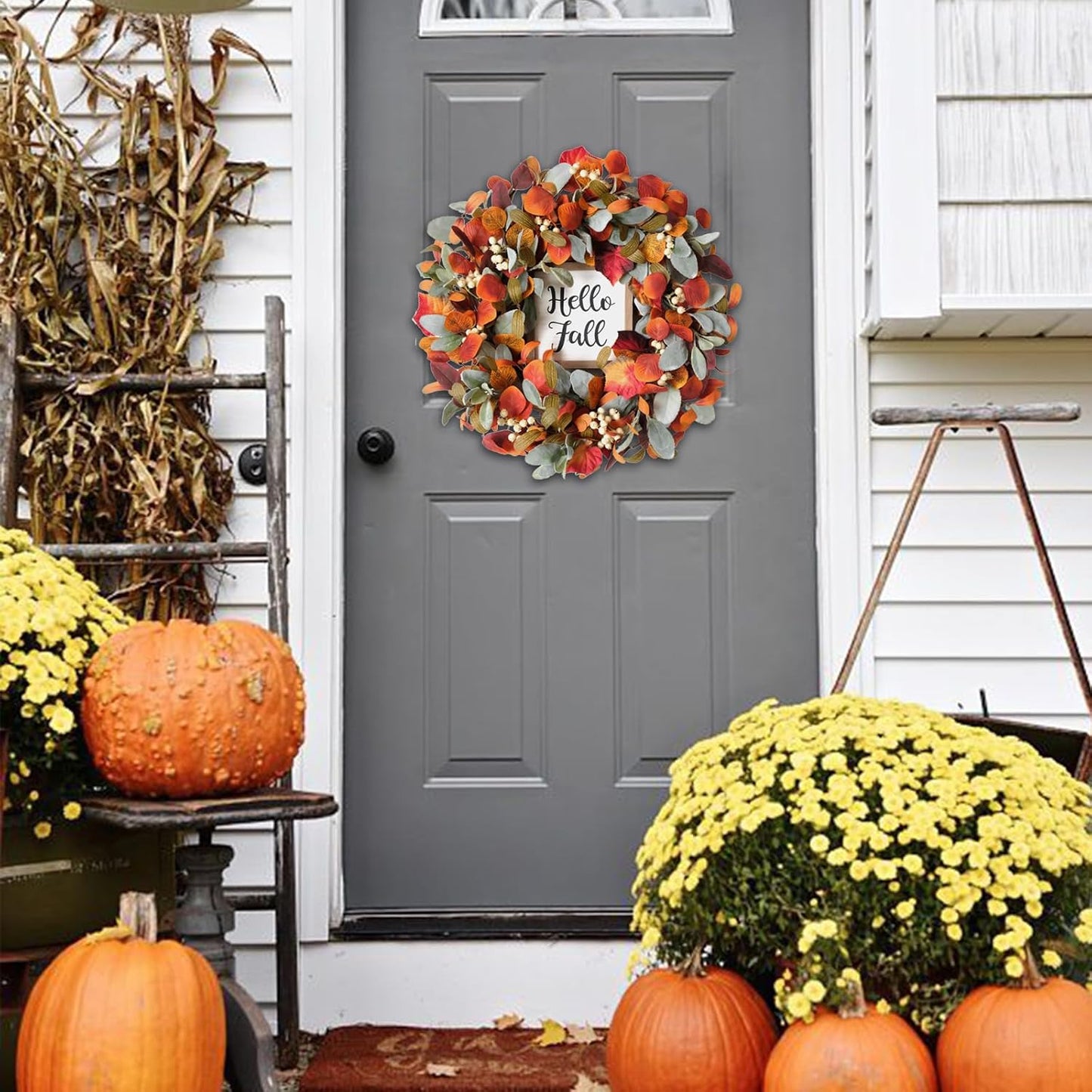 Bibelot Fall Front Door Wreath,22' Artificial Lambs Ears Leaves Wreath with Berries, Hello Fall Sign Autumn Orange Wreath for Front Door Wall Window and Thanksgiving Decor