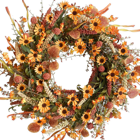 Bibelot Fall Front Door Wreath,22” Artificial Floral Wreath with Colorful Daisies and Autumn Foliage Fall Orange Wreath for Front Door Wall Window and Thanksgiving Decor