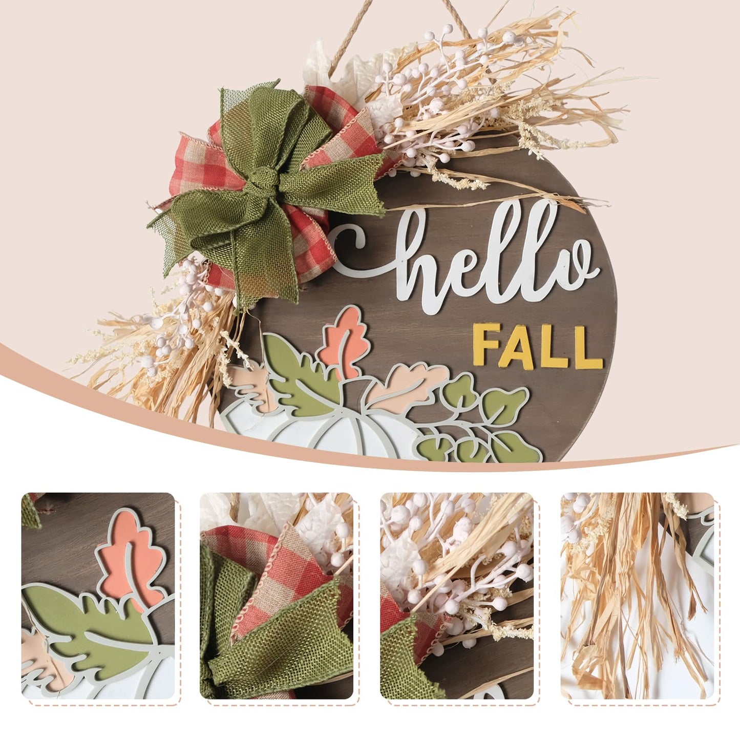 idyllic Autumn Harvest Welcome Wreath, 14 Inch Hello Fall Front Door Sign with Burlap Bow, Mixed Grain, and Leaves, Rustic Wood Farmhouse Porch Decor for Home Front Door Decor 12 inches