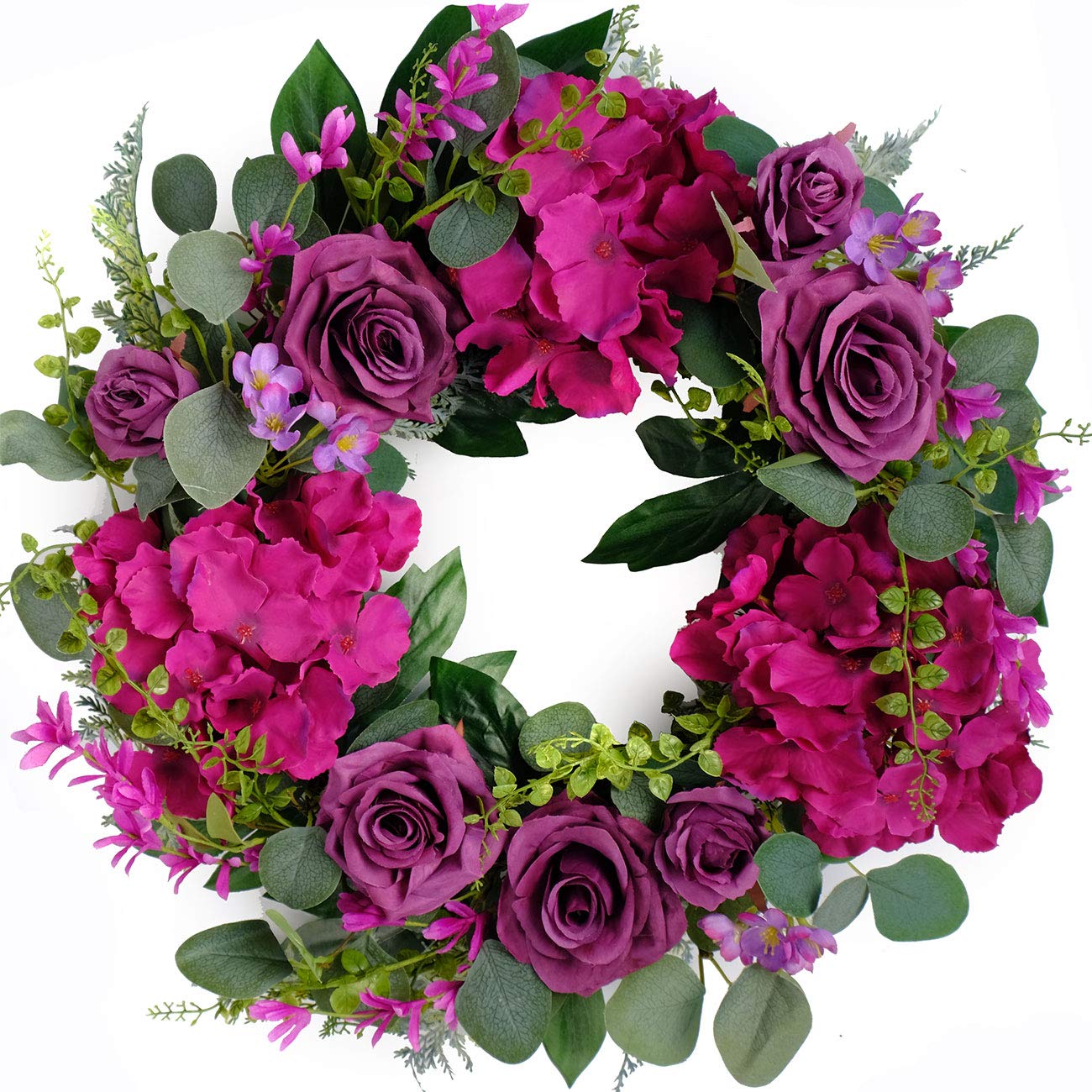 Bibelot Artificial Pink Rose Wreath 20 inches Front Door Wreath with Hydrangea Green Leaves Wreath Artificial Spring Wreath Valentines Mother's Day Wreath for Wall Wedding Party Home Decor (Pink)