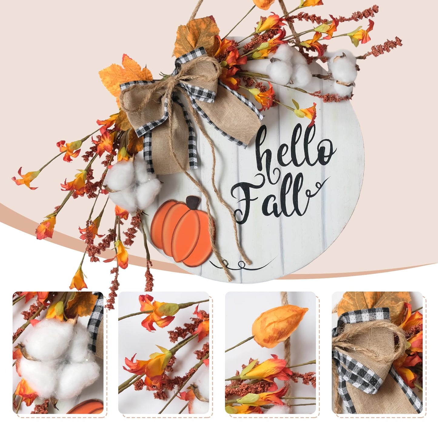 idyllic Autumn Harvest Welcome Wreath, 14 Inch Hello Fall Front Door Sign with Burlap Bow, Mixed Grain, and Leaves, Rustic Wood Farmhouse Porch Decor for Home Front Door Decor 12 inches