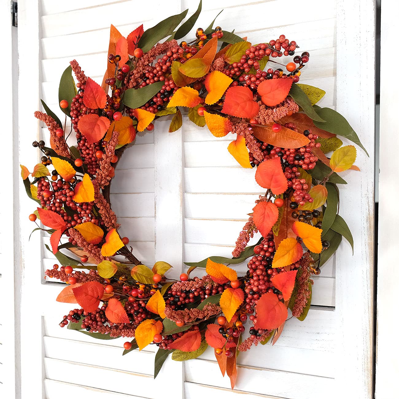 Bibelot Fall Wreath Artificial Pumpkin Wreath Green Leaves for Front Door Autumn Wreaths Farmhouse Home Office Wedding Party Wall Decor